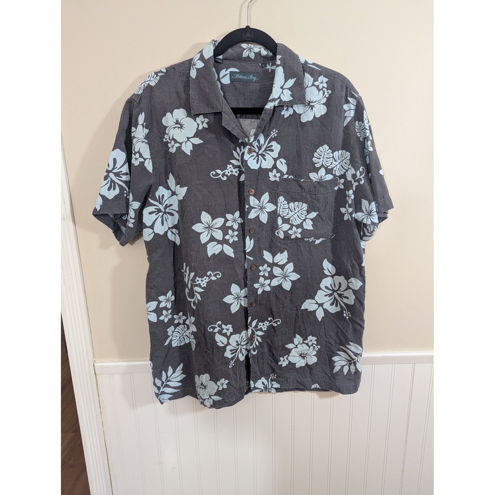 Milano Bay Mens Large Hibiscus Floral Hawaiian Camp Shirt Gray Blue Short Sleeve